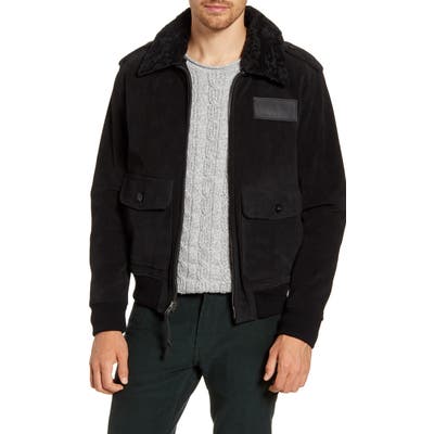 Frye Genuine Shearling Trim Suede Aviator Jacket, Black