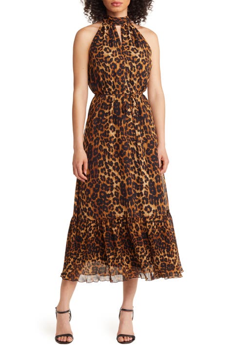 Leopard Print High Neck Sleeveless Dress