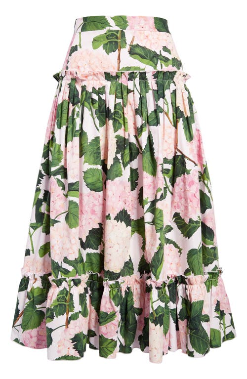Oscar de la Renta Hydrangea Print Pleated Tiered Stretch Cotton Maxi Skirt in Pink