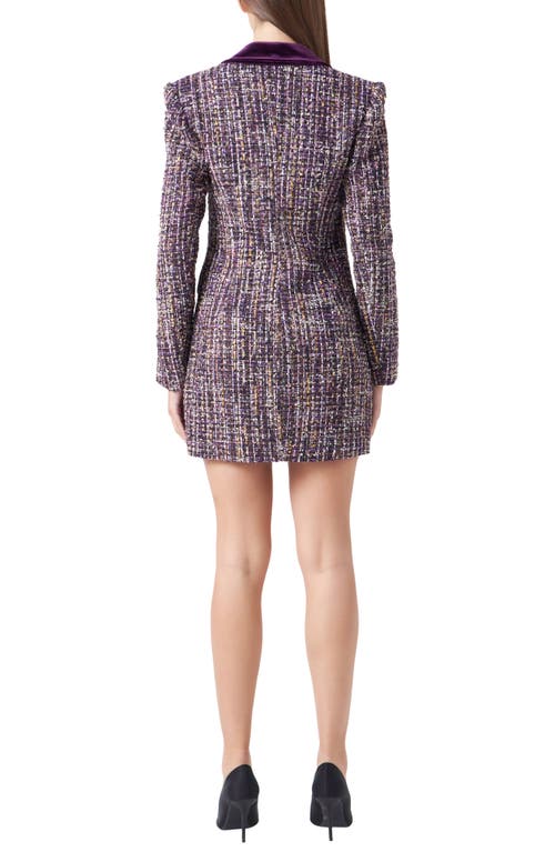 Shop Endless Rose Velvet Trim Long Sleeve Tweed Blazer Dress In Bordeaux