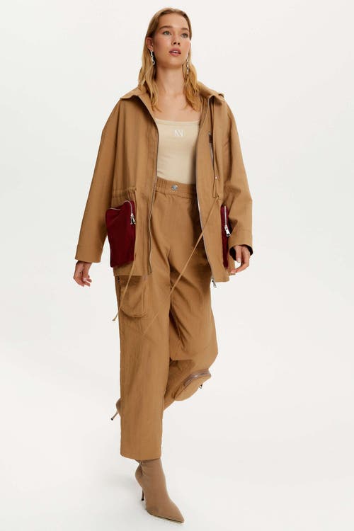 Shop Nocturne High Waist Boyfriend Pants With Cargo Pockets In Camel