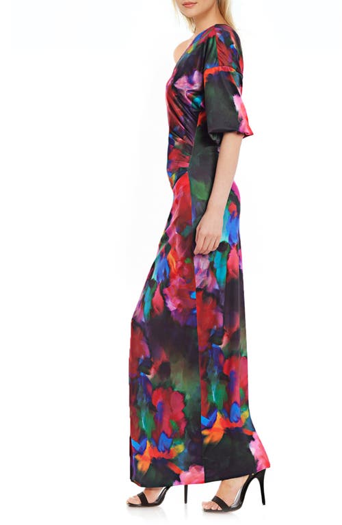 Jewel Badgley Mischka Floral One-shoulder Knit Sheath Gown In Red Multi