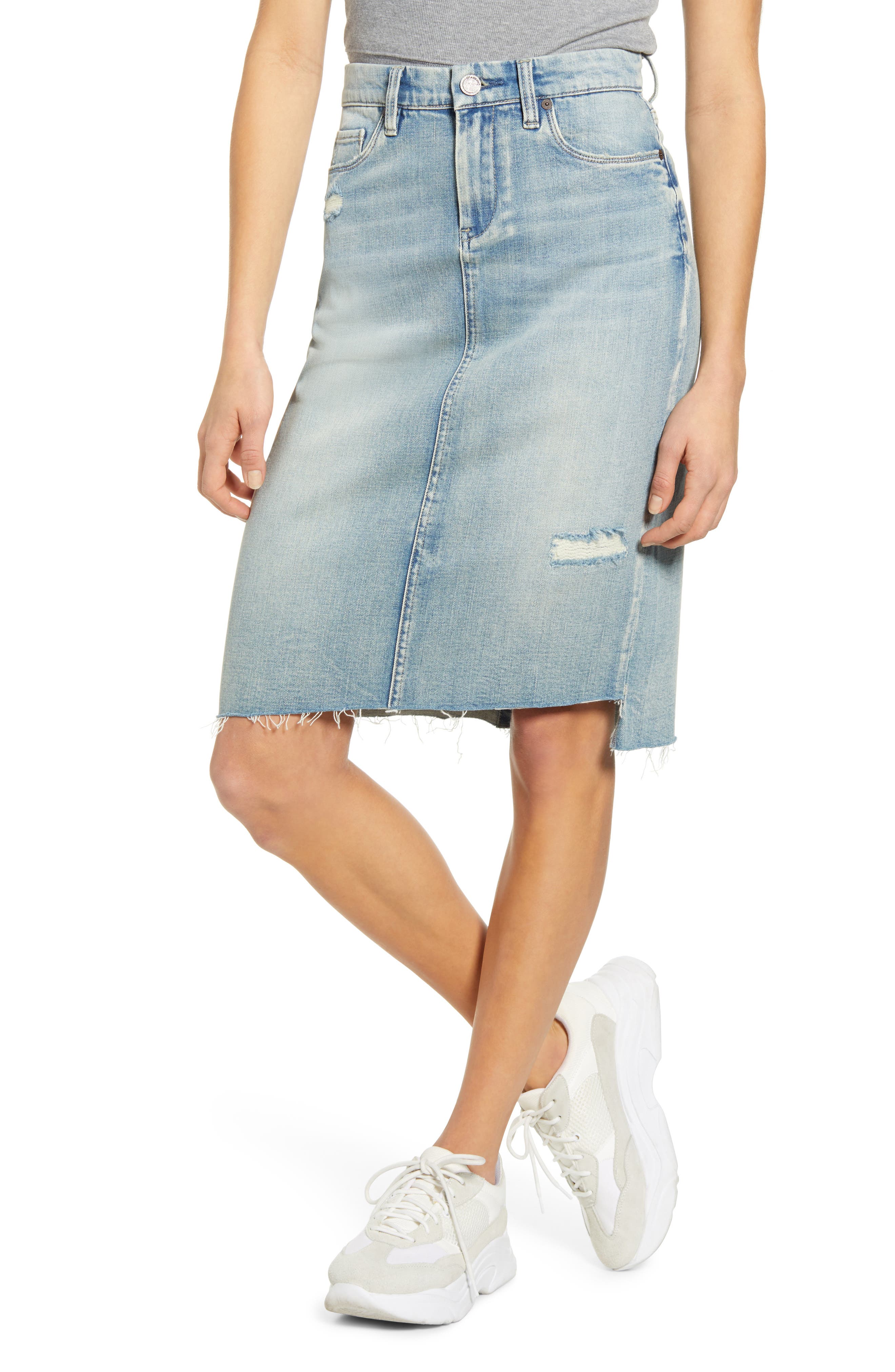 distressed denim pencil skirt