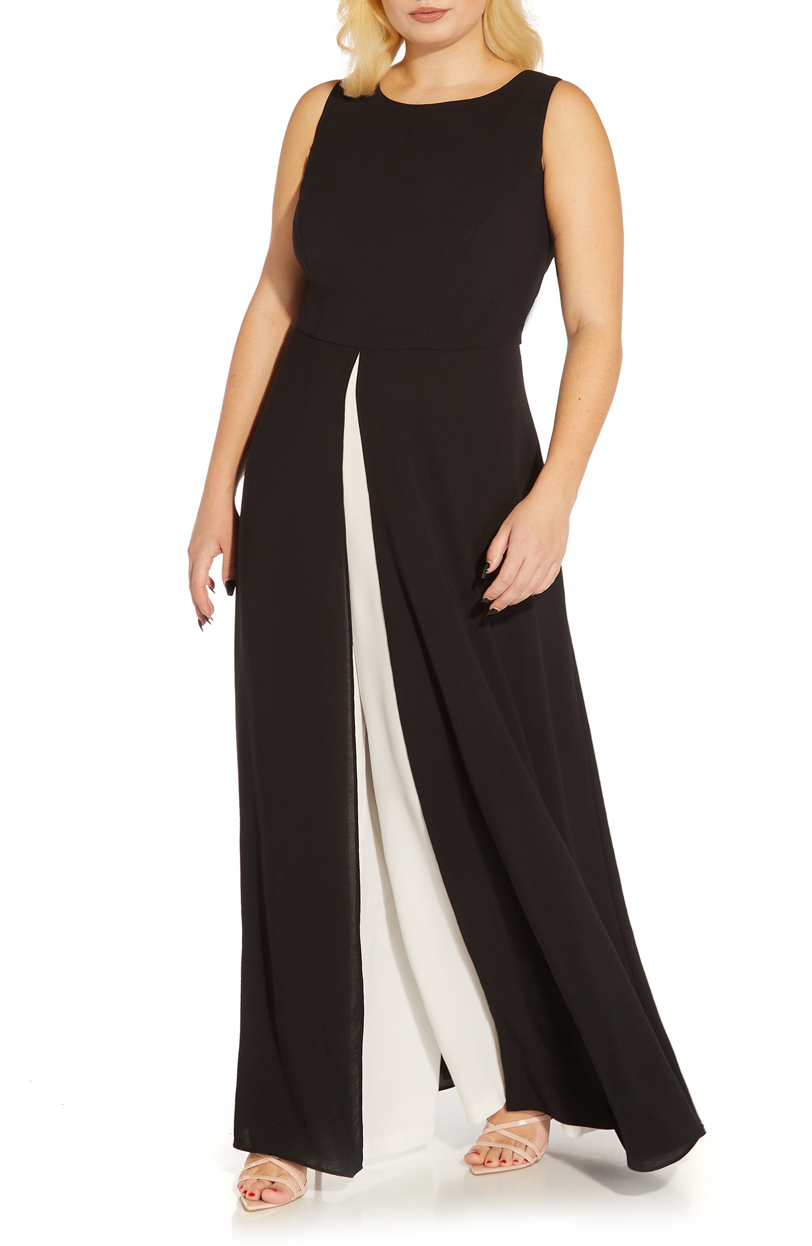 Adrianna Papell Crepe Overlay Jumpsuit in Black Ivory Smart Closet