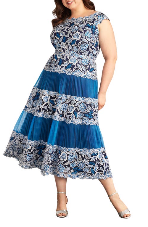 Tadashi Shoji Floral Embroidery Pleated Off the Shoulder Midi Dress Pacific Blue at Nordstrom, W