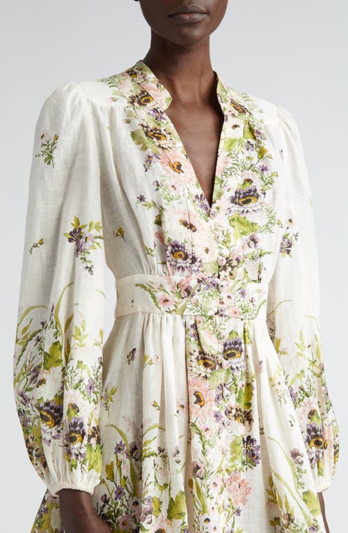 Shop Zimmermann Halliday Floral Long Sleeve Linen Minidress In Cream Multi Floral