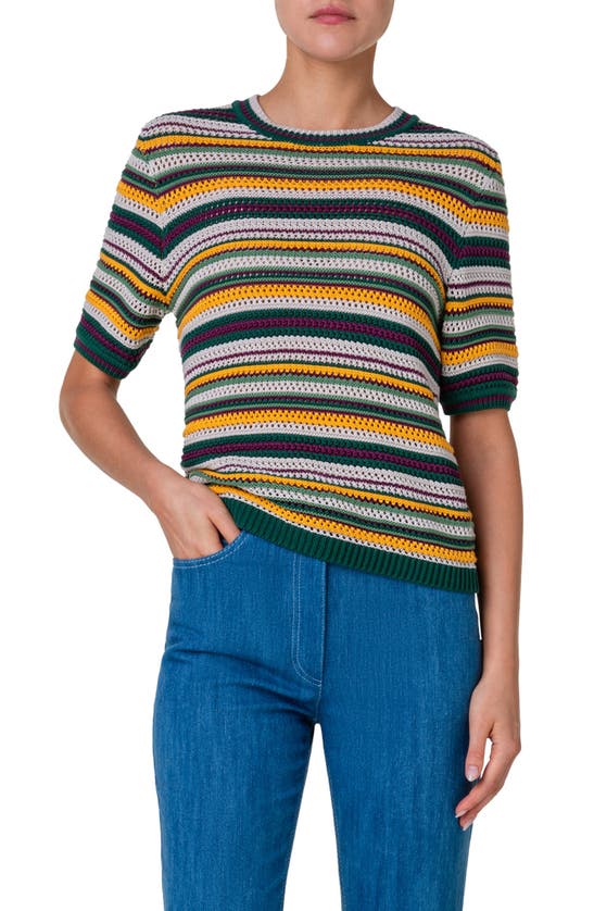 Shop Akris Punto Stripe Short Sleeve Crewneck Sweater In Leaf Green-multicolor