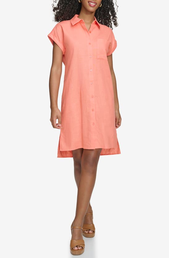 Shop Calvin Klein Short Sleeve Linen Blend Shirtdress In Melon