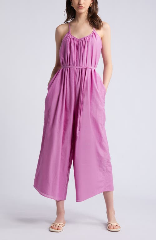 Strappy Tie Waist Cotton & Silk Jumpsuit in Pink Bodacious