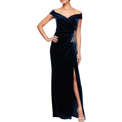 Alex Evenings Off The Shoulder Velvet Gown, Blue
