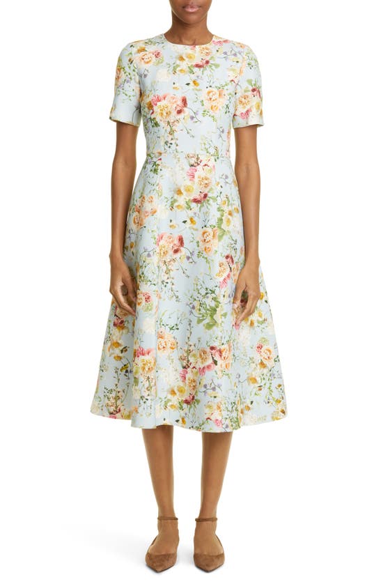 Adam Lippes Eloise Floral Print Wool & Silk A-line Dress In Pale Blue Floral