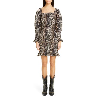 Ganni Leopard Print Long Sleeve Cotton & Silk Minidress, Brown
