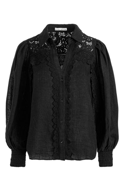 Shop Alice And Olivia Alice + Olivia Venty Lace Detail Linen Button-up Shirt In Black