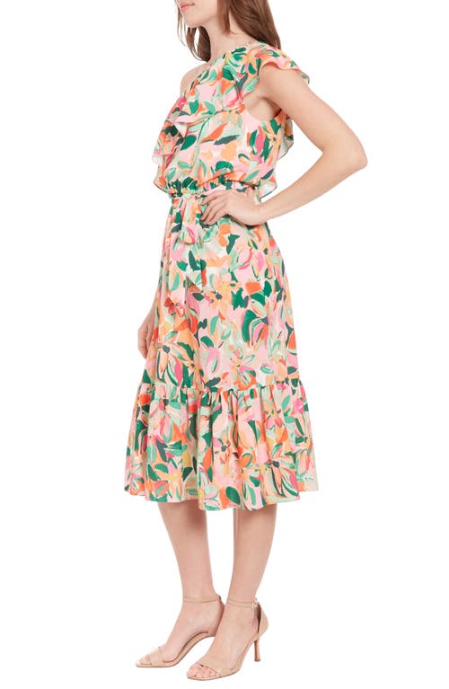 London Times Floral Print Ruffle Tie Waist One-shoulder Midi Dress In Pink Multi
