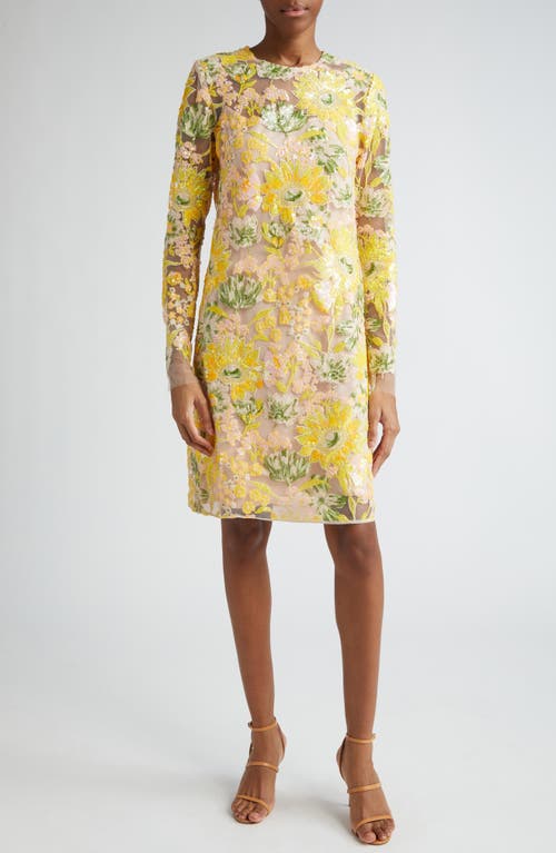 Sequin Embroidered Long Sleeve Shift Dress in Limoncello