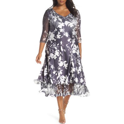 Plus Size Komarov Sheer Sleeve Floral Print Charmeuse A-Line Dress, Black