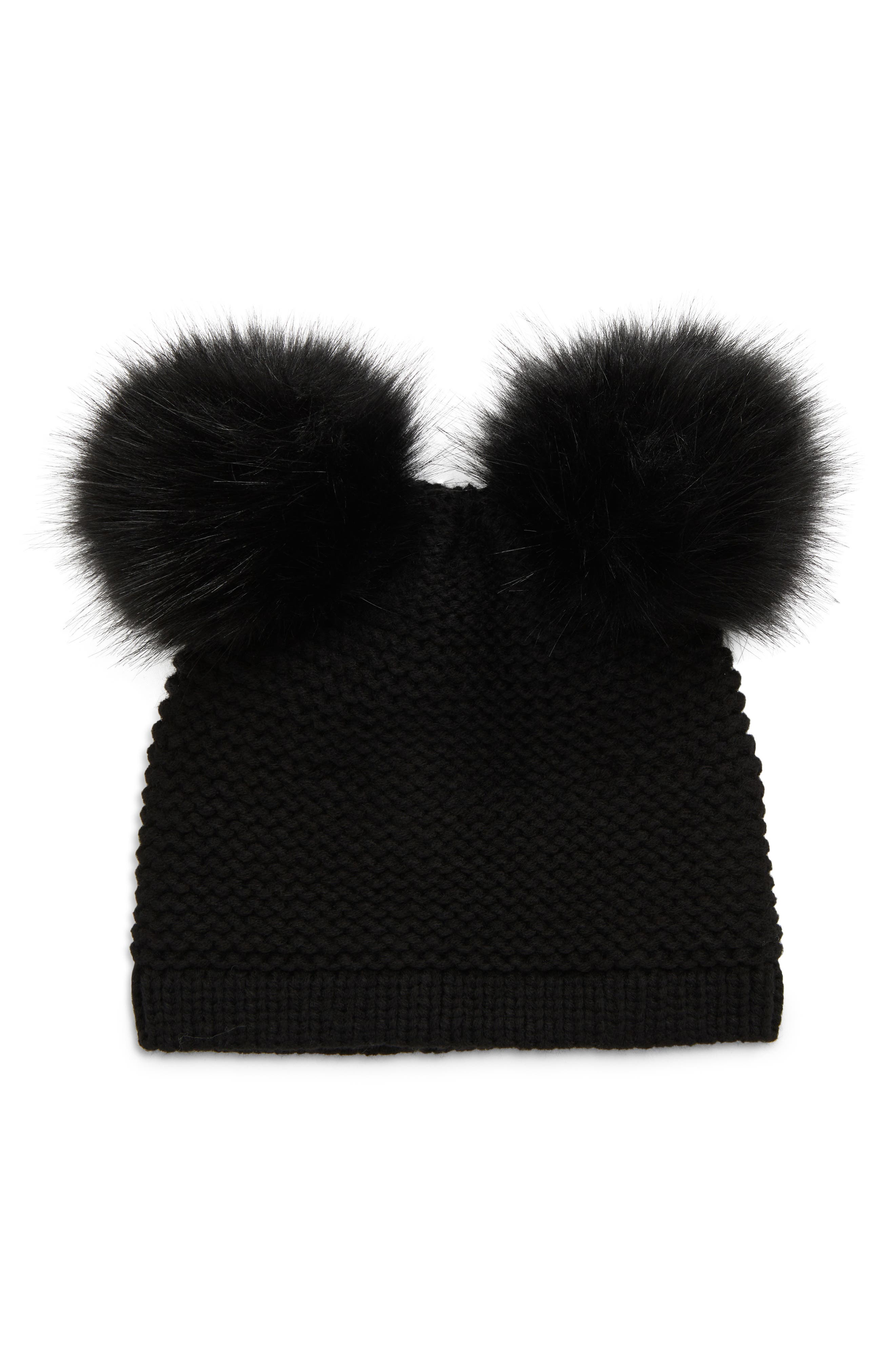 Kyi Kyi Chunky Wool Blend Beanie with Faux Fur Poms in Black/Black at Nordstrom