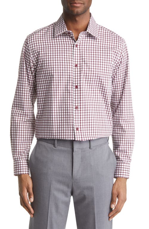 Trim Fit Windowpane Check Cotton Dress Shirt in Burgundy