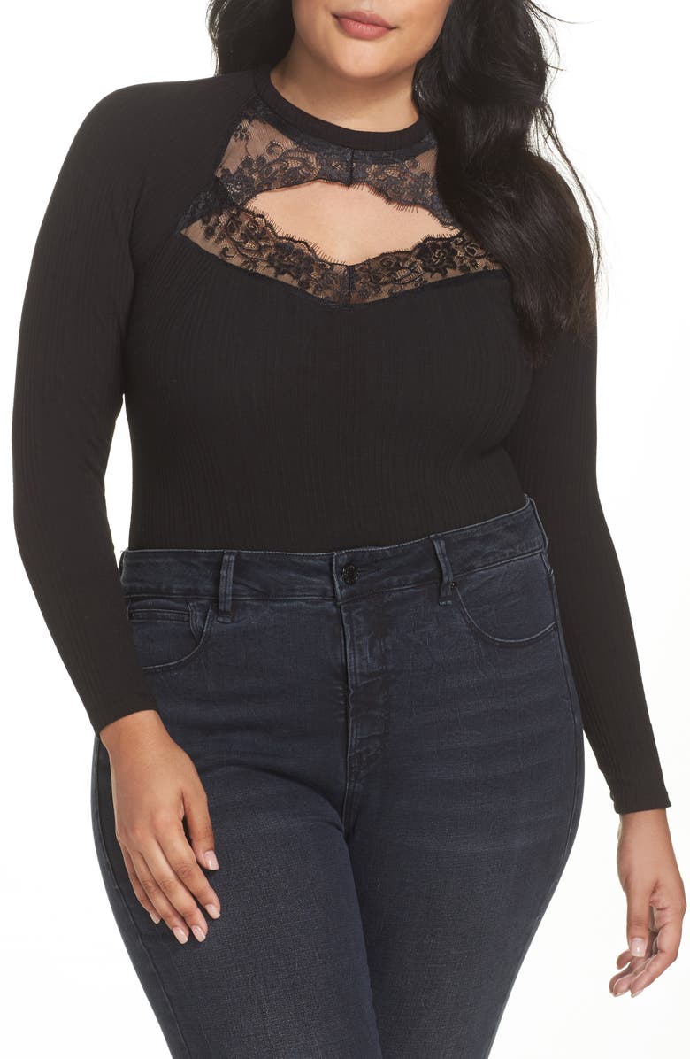 LOST INK Ribbed Lace Trim Bodysuit (Plus Size) | Nordstrom