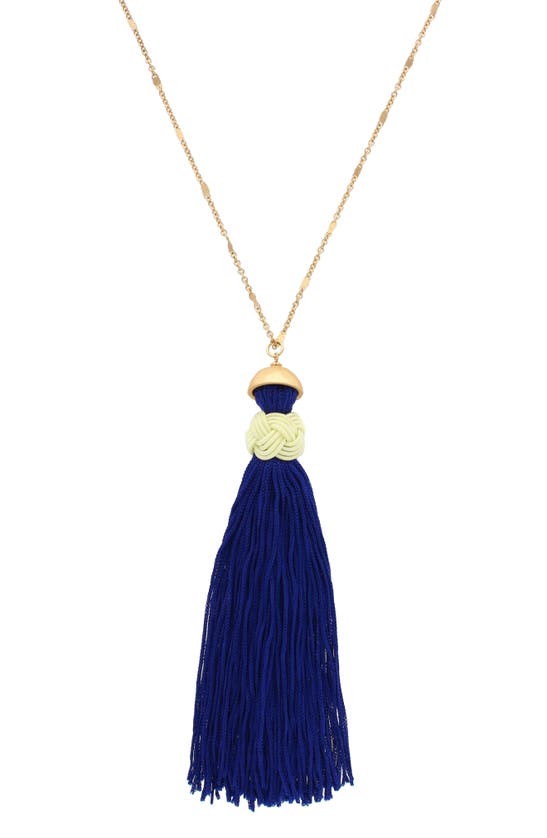 Shop Olivia Welles Anissa Tassel Pendant Necklace In Matte Gold / Navy