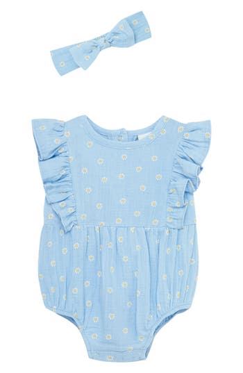 Shop Little Me Daisy Bubble Bodysuit & Headband Set In Blue