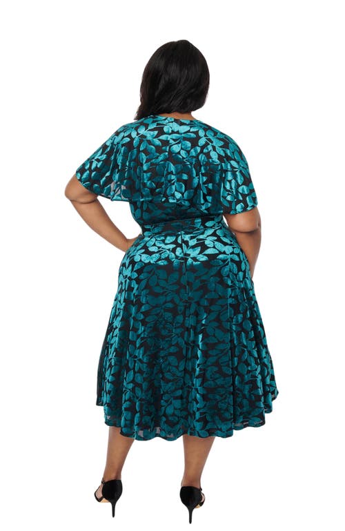 Shop Unique Vintage Plus Size Woven Detachable Capelet Swing Dress In Teal & Black Burnout