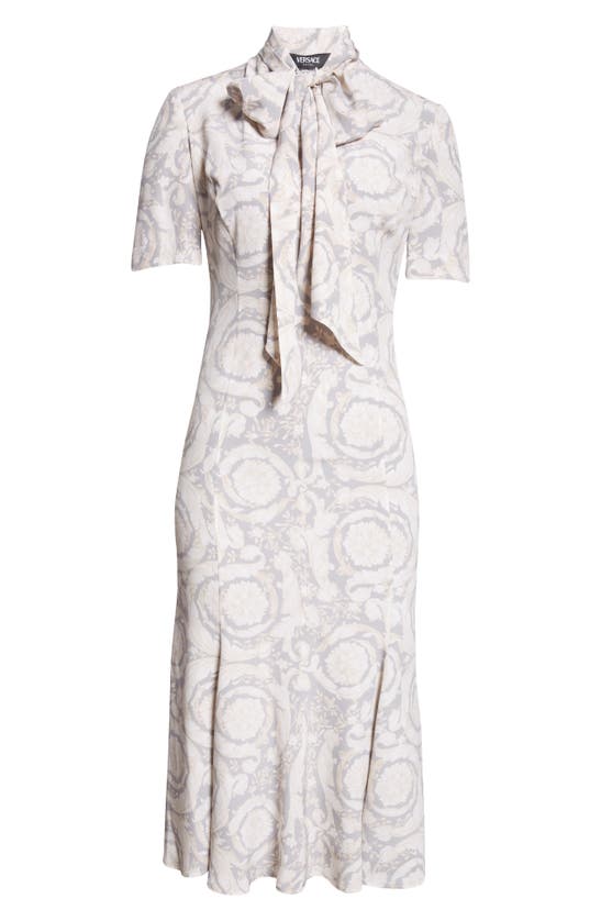 Shop Versace Barocco Print Silk Pussy Bow Shirtdress In 5e340-concrete Bone