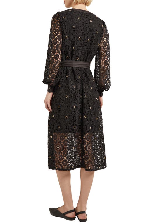 Misook Belted Long Sleeve Grommet Lace Midi Dress In Black
