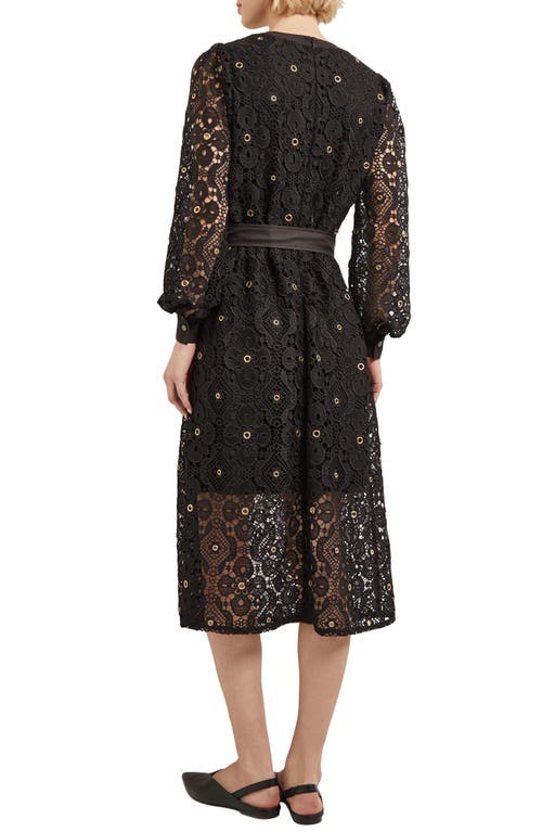 Shop Misook Belted Long Sleeve Grommet Lace Midi Dress In Black