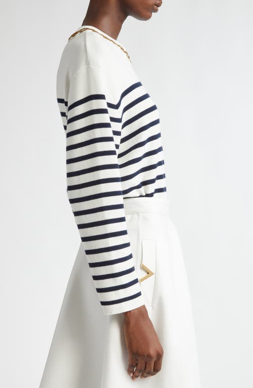 Shop Valentino Garavani Stripe Embellished Cotton Sweater In Navy/avorio