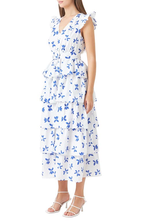 Endless Rose Floral Tiered Belted Maxi Dress In White/blue