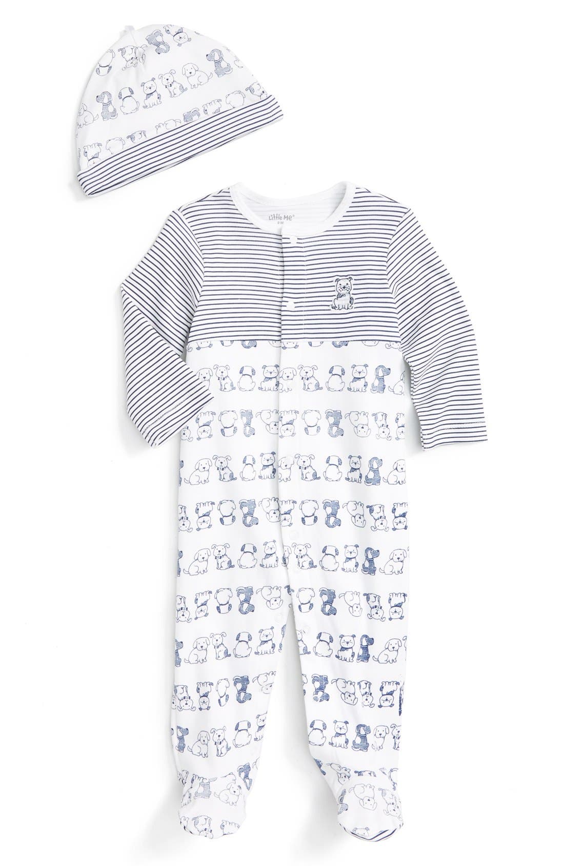Little Me Puppy & Stripe Print Footie & Hat Set (Baby Boys) Nordstrom