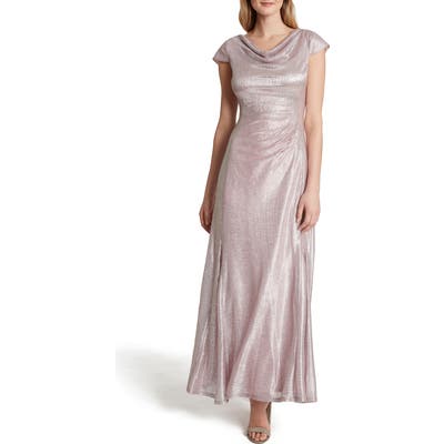 Tahari Metallic Foil Draped Gown