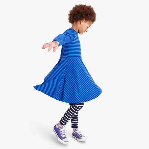 Primary Long Sleeve Twirly Dress In Mini Stripe In Blueberry Cobalt Stripe