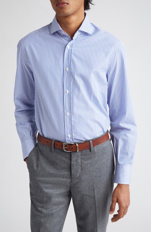 Brunello Cucinelli Basic Fit Stripe Button-Up Shirt C030-White /Blue at Nordstrom,