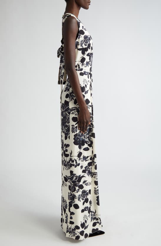 Shop Emilia Wickstead Maduri Floral Print Wide Leg Twill Jumpsuit In Black Flowers On Ivory