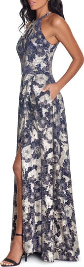 Betsy & adam petite floral halter hot sale maxi gown