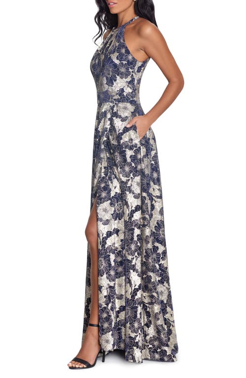 Shop Betsy & Adam Metallic Floral Halter Top Gown In Navy/gold