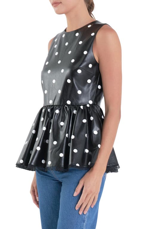 English Factory Polka Dot Peplum Sleeveless Faux Leather Top In Black/white