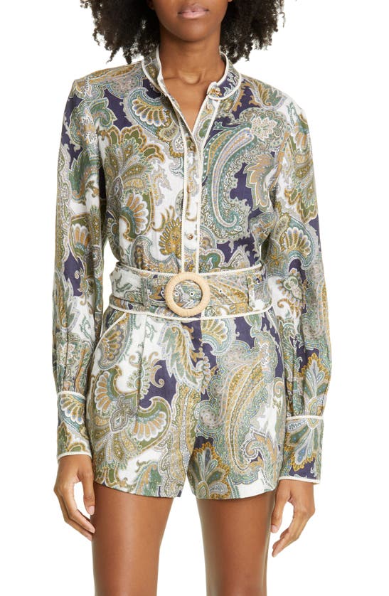 Veronica Beard Thorp Piped Paisley Linen Blouse In Army Multi