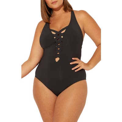 Plus Size Bleu By Rod Beattie Basket Weave One-Piece Swimsuit, Black