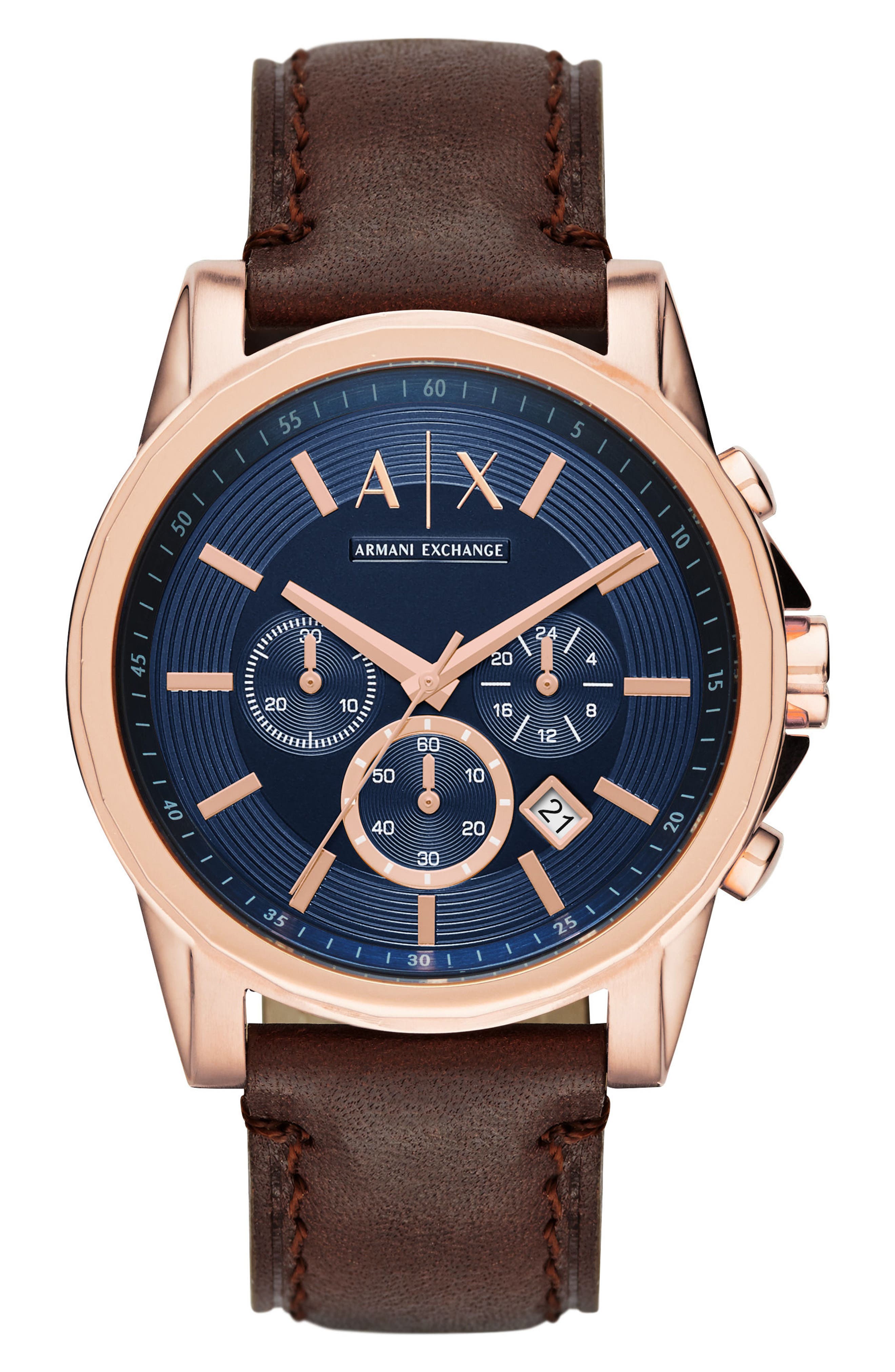AX Armani Exchange Chronograph Leather Strap, 45mm Nordstrom