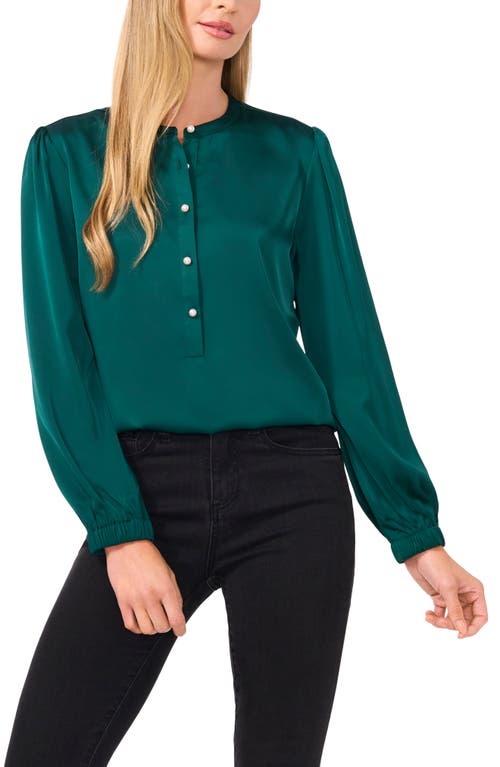 Cece Pearly Button Satin Top In Dark Forest Green