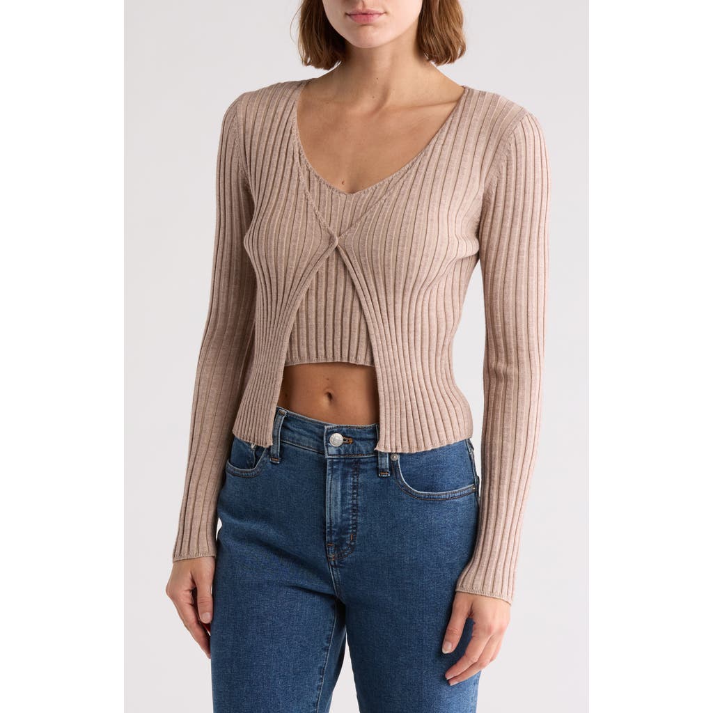 Shop Blu Pepper Ribbed Cardigan Sweater In Taupe