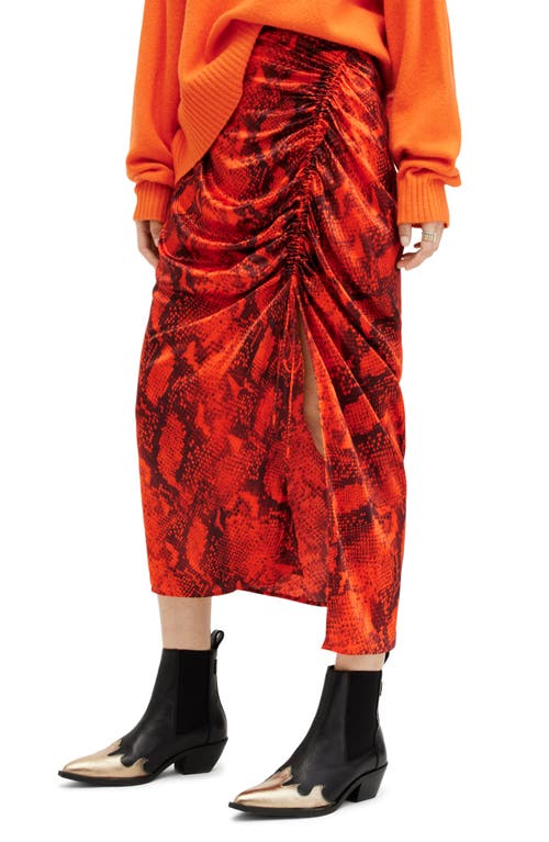 AllSaints Carla Tahoe Snake Print Ruched Satin Midi Skirt Zesty Orange at Nordstrom, Us