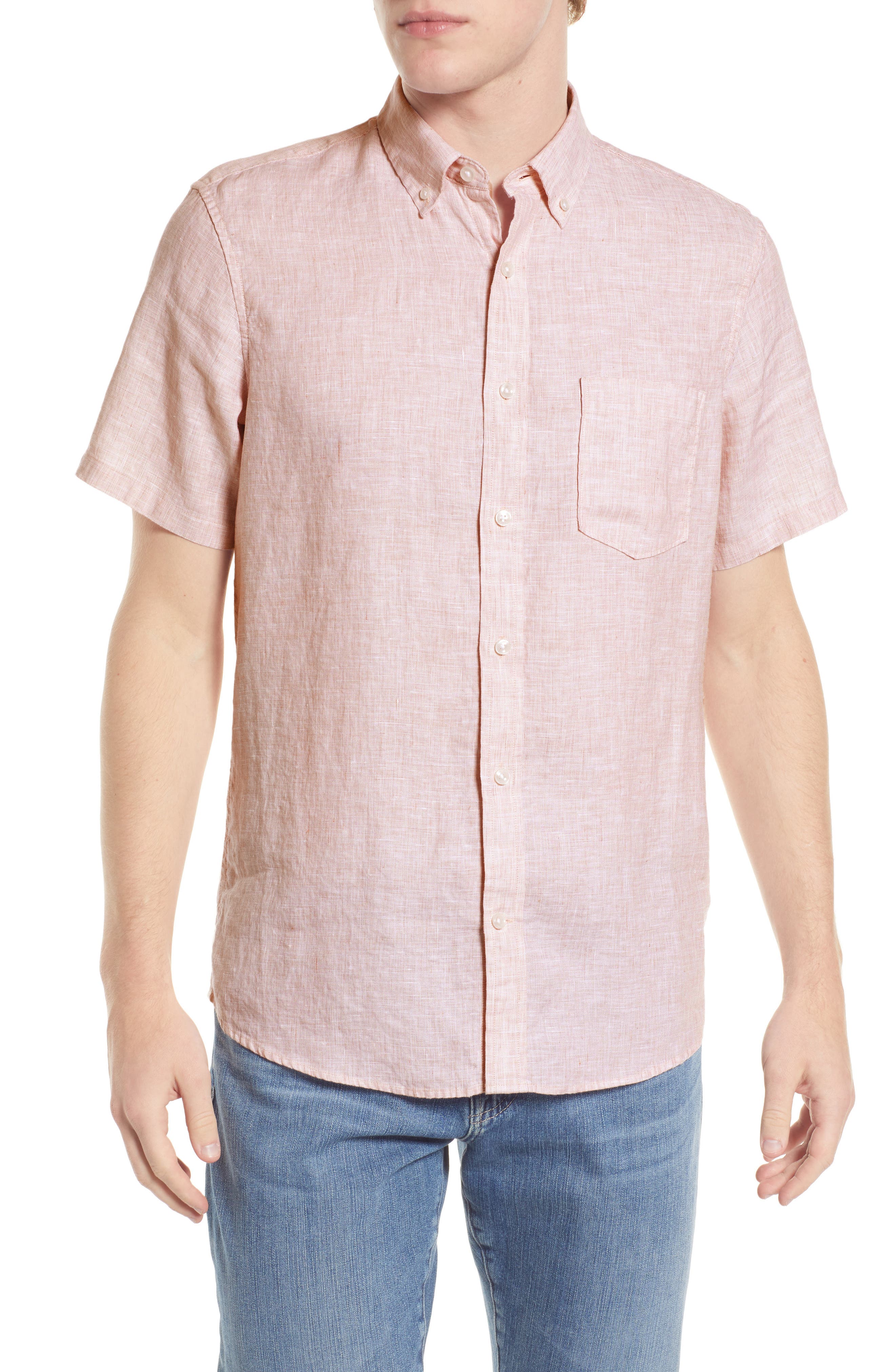 Men's Regular Fit Long Sleeve Solid Color One Pocket Casual Dress Shirt Rose 