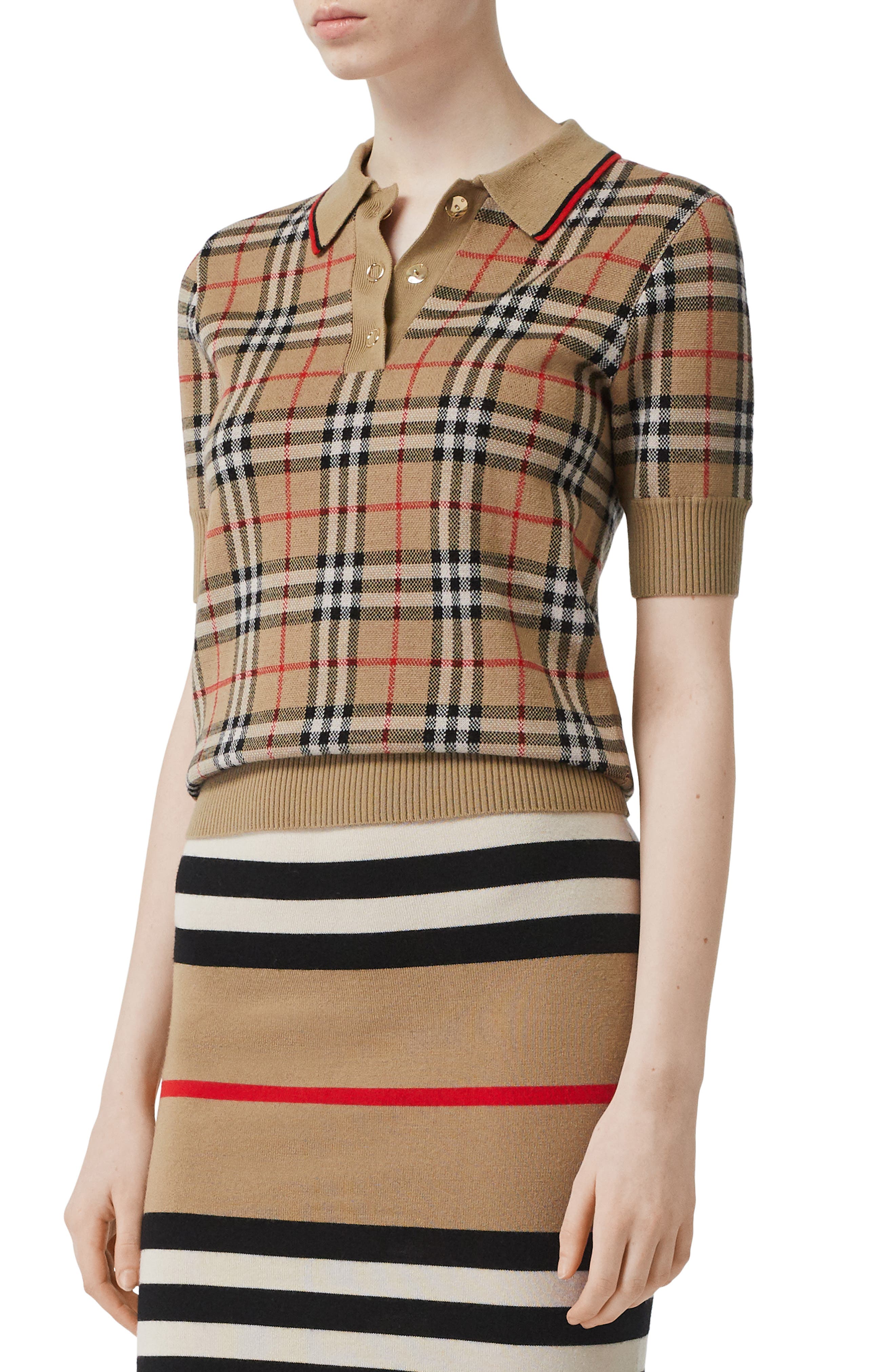 Burberry Chatterton Archive Check Merino Wool Polo Sweater, Beige