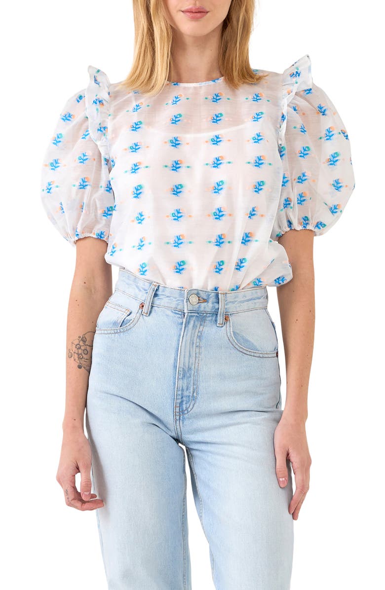 Floral Embroidery Puff Sleeve Organza Top 独創的 BALENCIAGA Organdy trousers denim デニム/ジーンズ