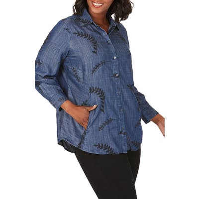 Plus Size Foxcroft Cici Embroidered Tencel Lyocell Tunic Shirt, Blue