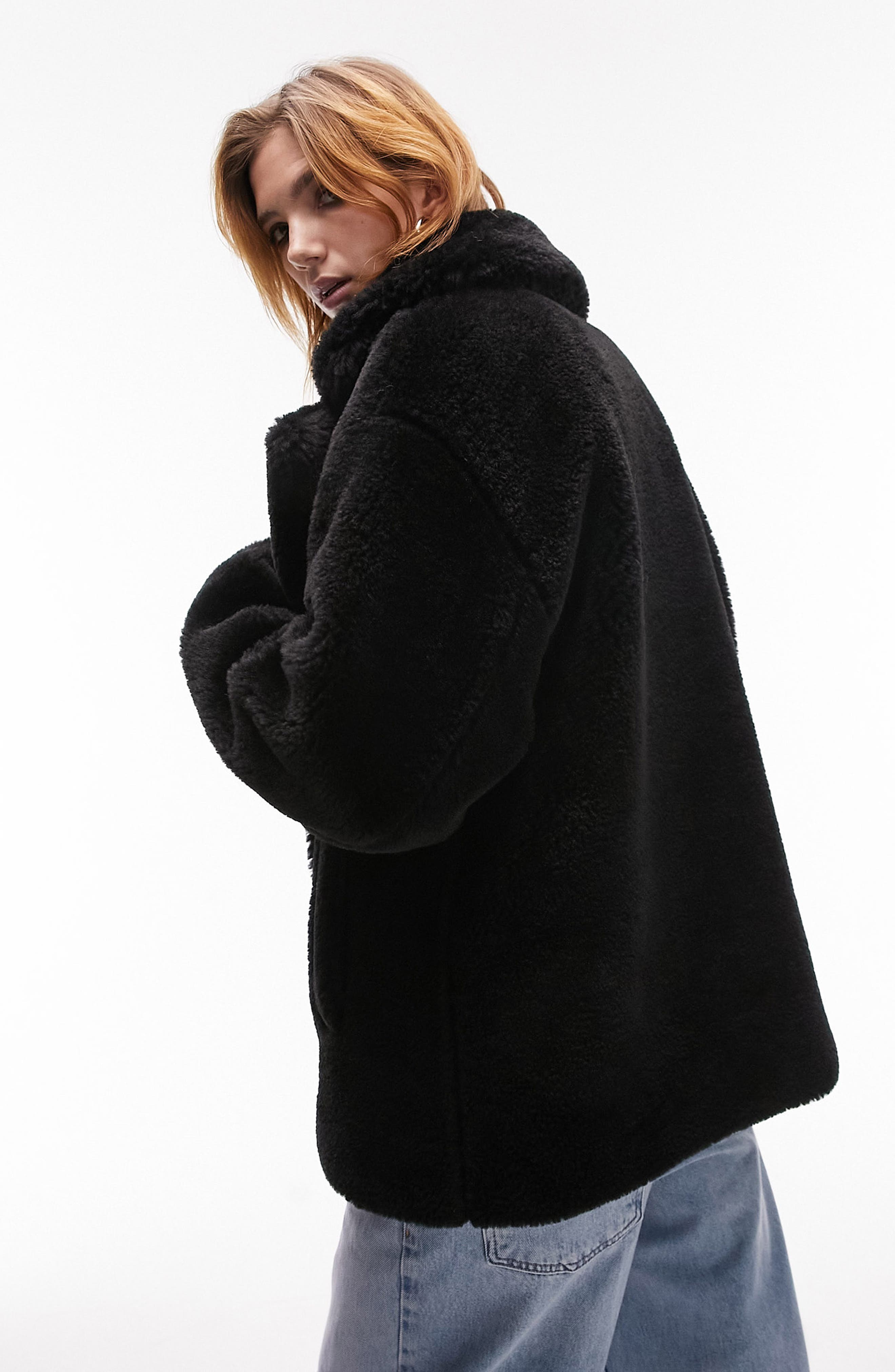 Topshop Notch Collar Faux Fur Coat in Black